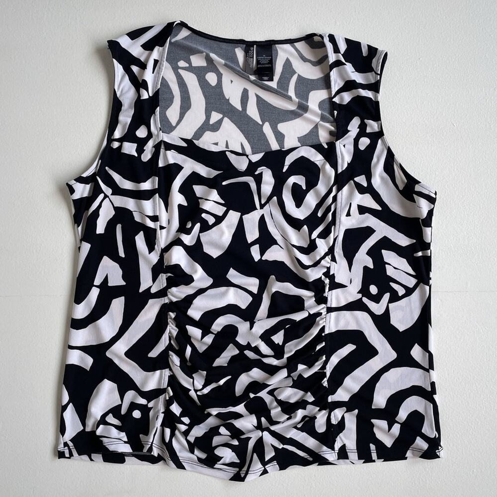Vtg Y2K Bisou Bisou Black + White Patterned Stretchy Sleeveless Top 2XL / Euro